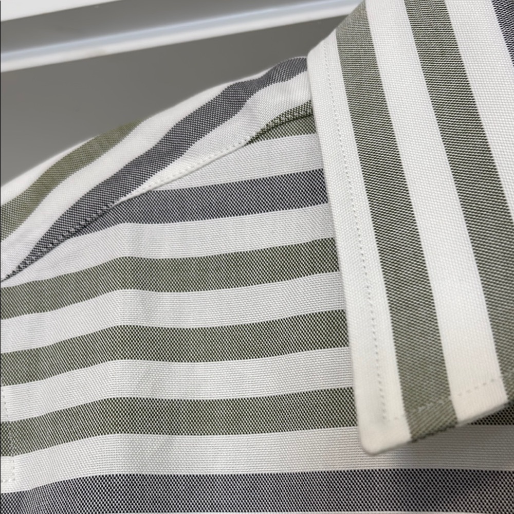 MaxMara Women’s Blue, Olive and White Striped Button-Up Shirt with French Cuffs. - Picture 3 of 7